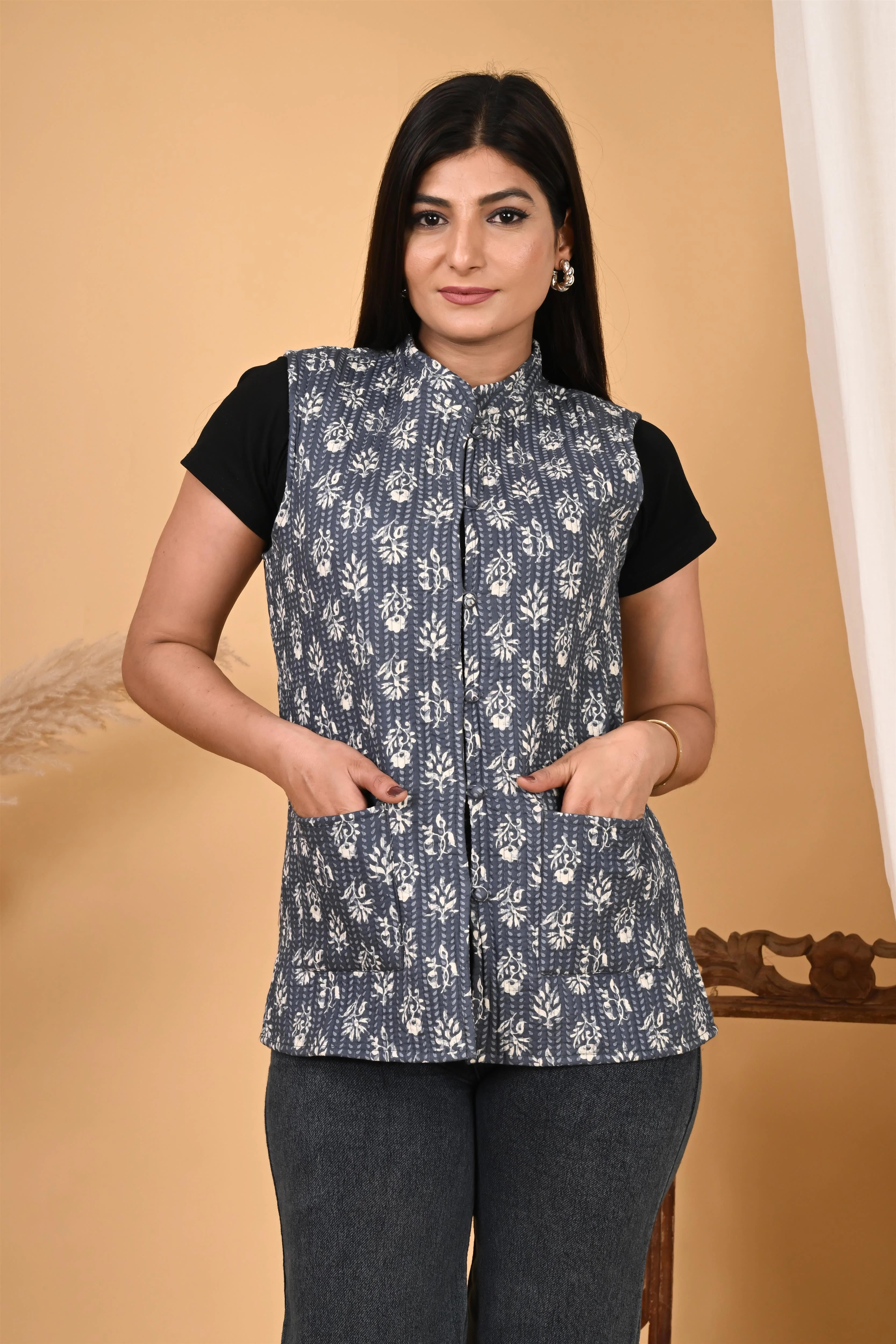 Winter Grey Sleeveless Reversible Jaipuri Cotton Quilted Jackets For Women Notch Collar Jacket Peter Pan Collar Jacket Cowl Neck Jacket