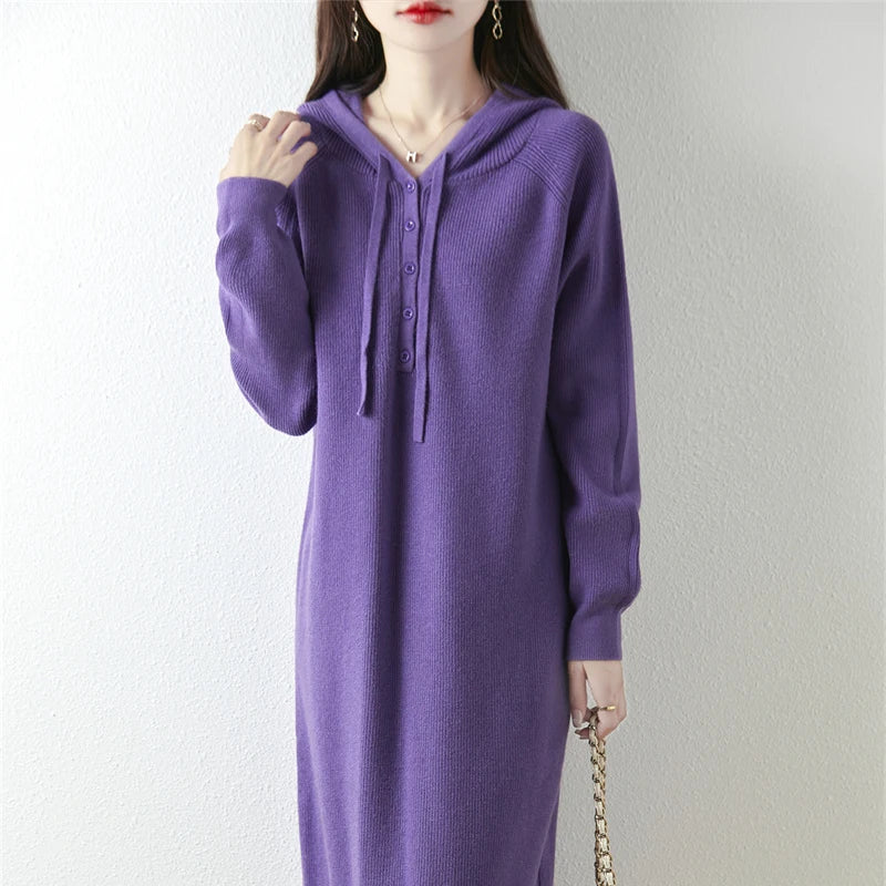 Wjczt Hooded Knitted Wool Dress. Women's Autumn and Winter 2024 New Style.Loose Hooded Skirt.  Wearing Sweater Long Skirt Terry Blend Velvet Blend Canvas Blend