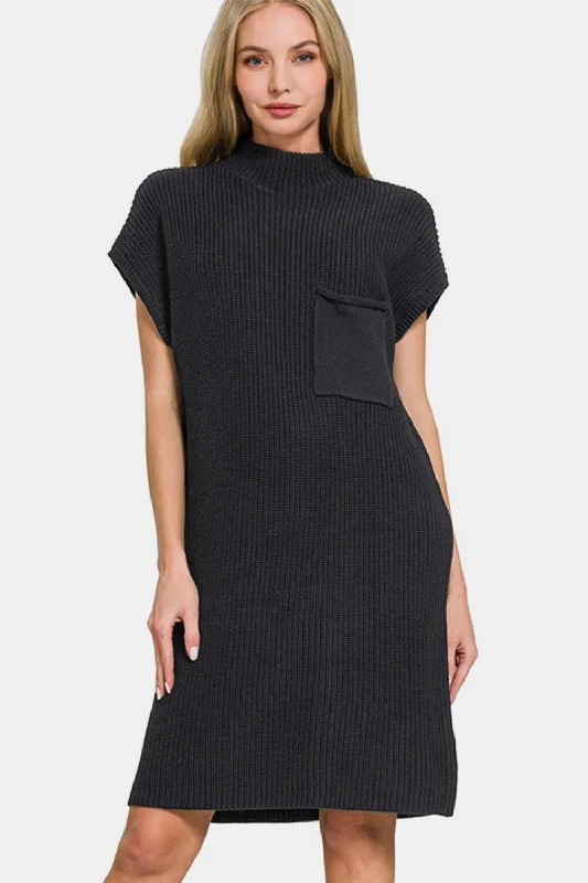 Zenana Mock Neck Short Sleeve Sweater Dress In Black Chenille Fabric Brocade Fabric Lace Fabric Zenana Mock Neck Short Sleeve Sweater Dress In Black Chenille Fabric Brocade Fabric Lace Fabric