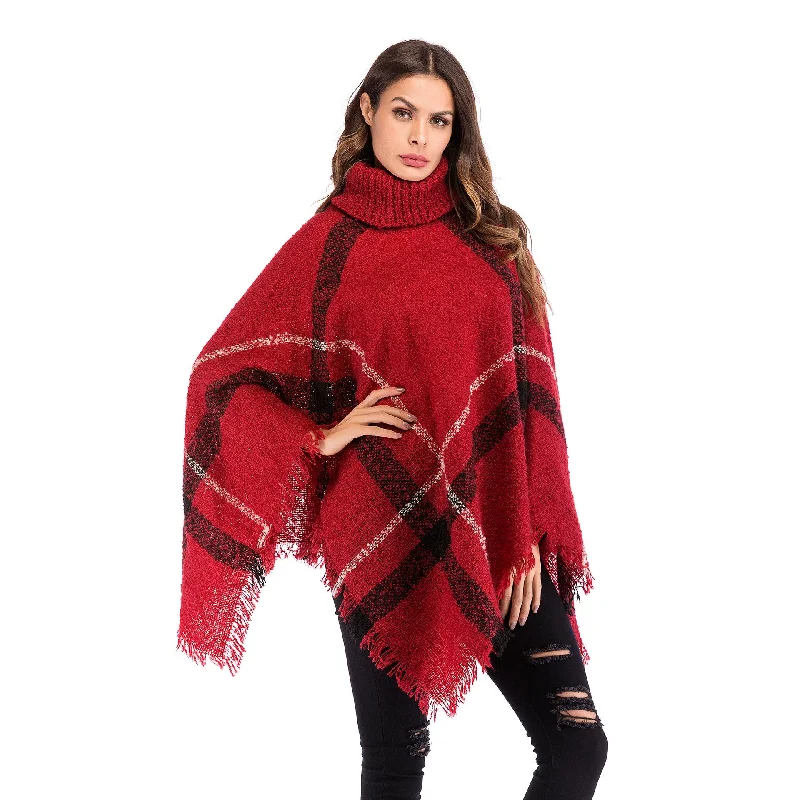 IKEARLAX Autumn and winter irregular cape shawl women's Popular trade, 2025 new plaid fringed turtleneck pullover knitted sweater Graphic Sweater Embroidered Appliqued