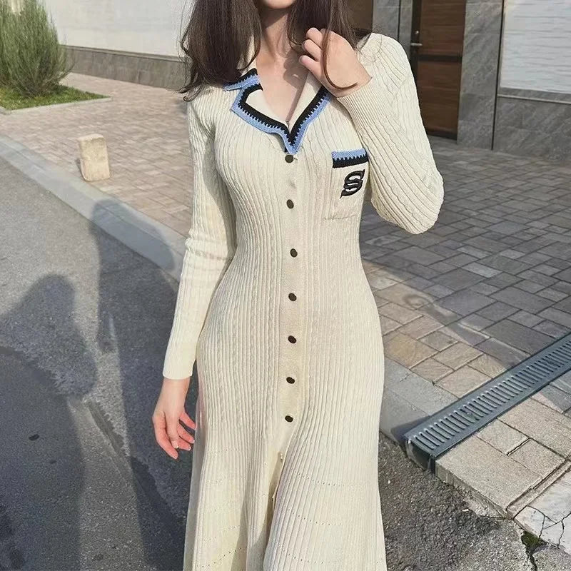 Wjczt 2024 Autumn Elegant Slim Knitted Long Dress Women's Letter Single Breasted Long Sleeved Designer Vintage Dresses Winter Sweater Herringbone Houndstooth Plaid