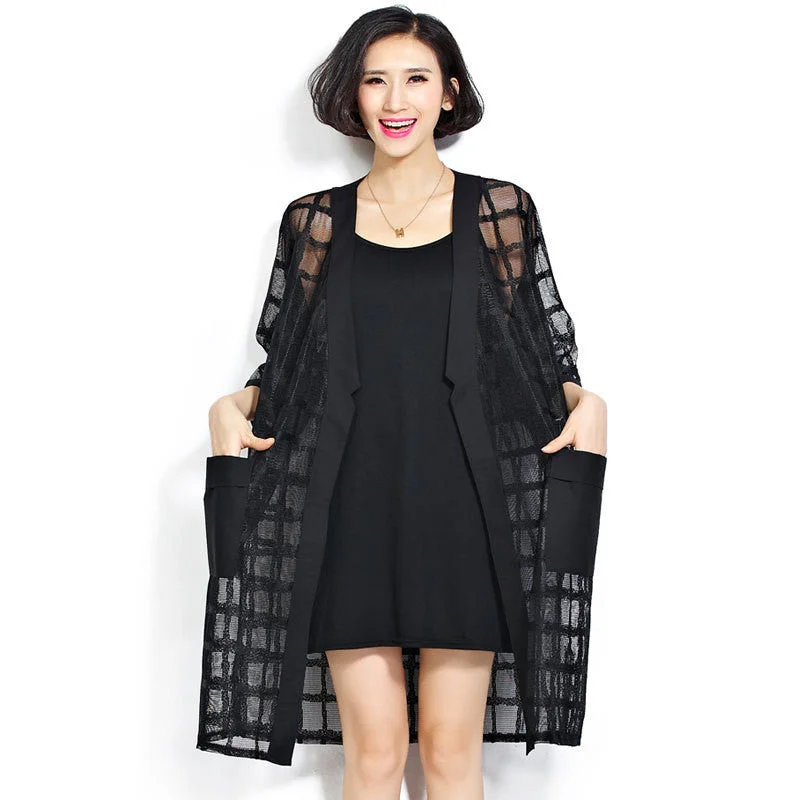 Chiffon Coat Style Fashion Women's Clothing Big Size Black Plaid Print Loose Half Sleeve Lady Long Cardigan Stylish Fashionable Trendy