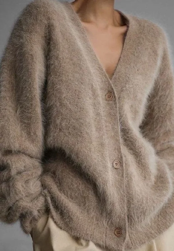 Miss Sparkling Oversized Button Front Fuzzy Cardigan in Beige Soft Cozy Warm