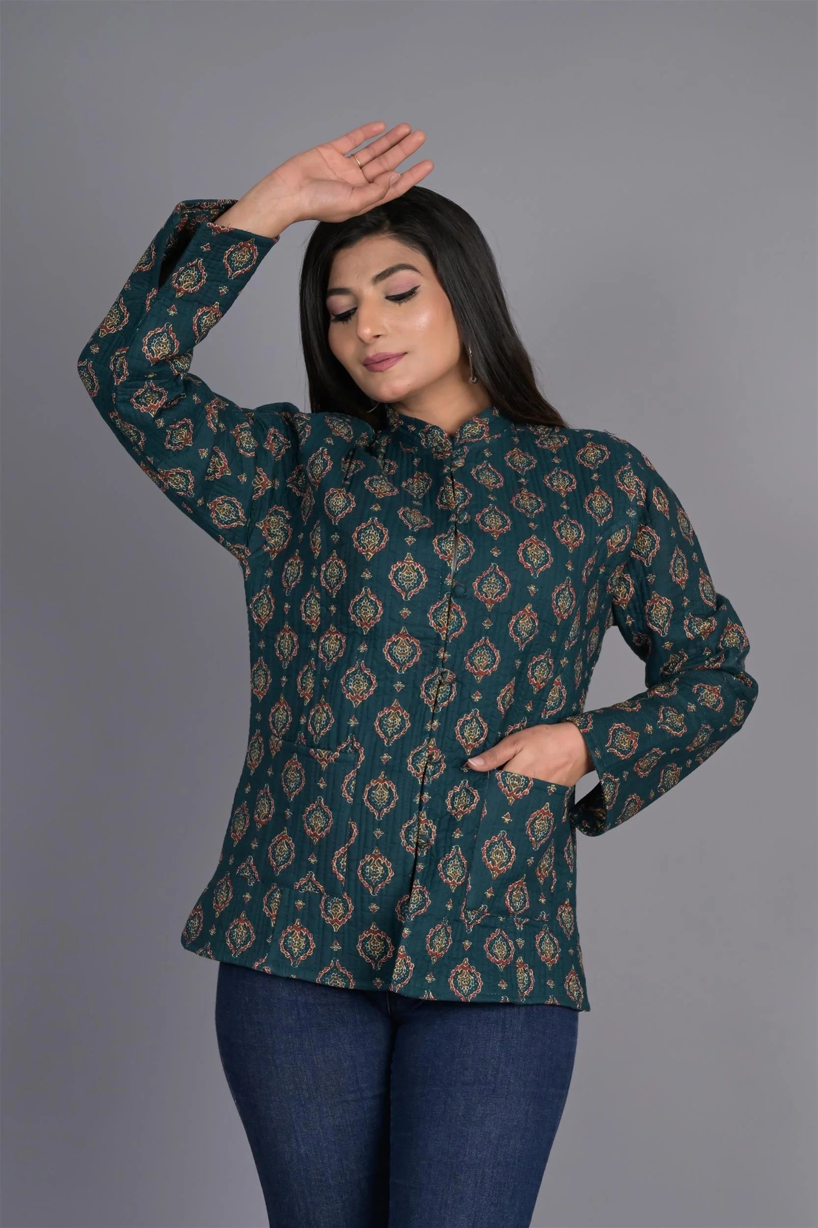 Winter Reversible Green Jaipuri Cotton Quilted Jackets For Women Rayon Fabric Velvet Fabric Corduroy Fabric