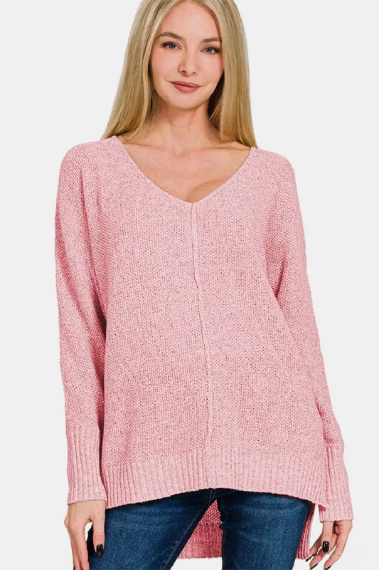 Zenana High-Low Center Seam V-Neck Sweater Sweater Knitwear Pullover