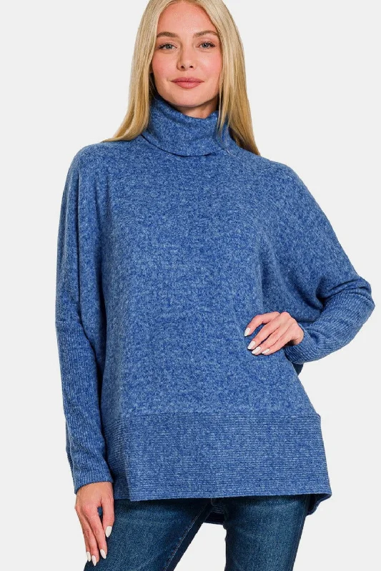Zenana Full Size Brushed Melange Hacci Turtleneck Sweater In Navy Terry Terry Cloth Terry Knit Zenana Full Size Brushed Melange Hacci Turtleneck Sweater In Navy Terry Terry Cloth Terry Knit