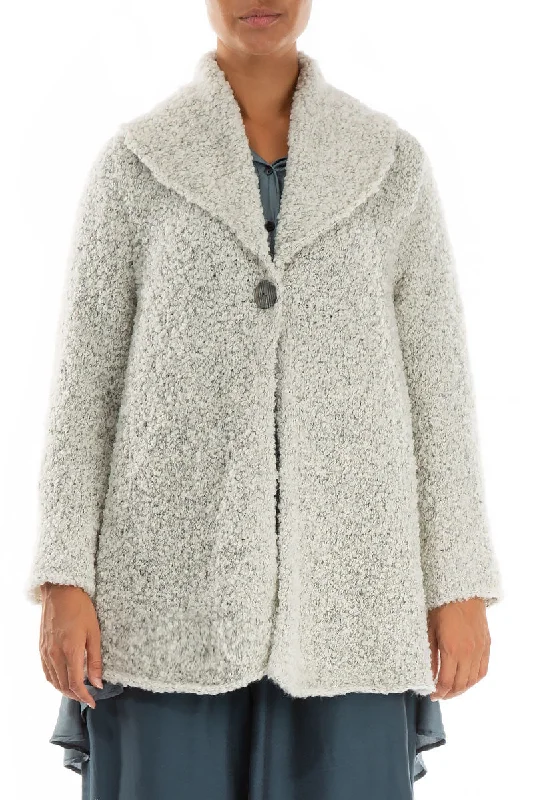 Collar Neck Mélange Ivory Alpaca Wool Cardigan Embroidered Appliqued Beaded