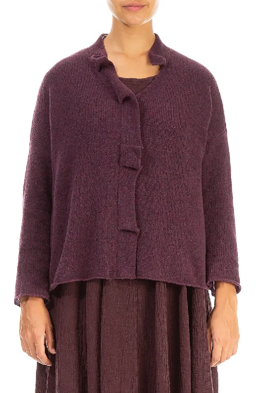 Frilled Neck Mulberry Wool Cardigan Cashmere Blend Cotton Blend Poly Blend