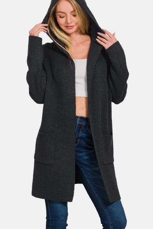 Zenana Hooded Open Front Sweater Cardigan Modern Contemporary Chic