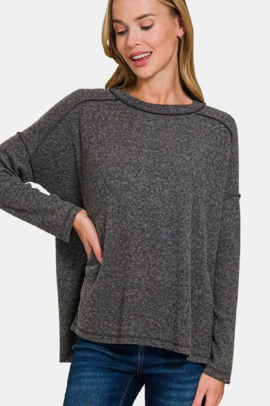 Zenana Exposed Seam Brushed Round Neck Sweater - Black Turtle Neck Boat Neck Asymmetrical Neck Zenana Exposed Seam Brushed Round Neck Sweater - Black Turtle Neck Boat Neck Asymmetrical Neck