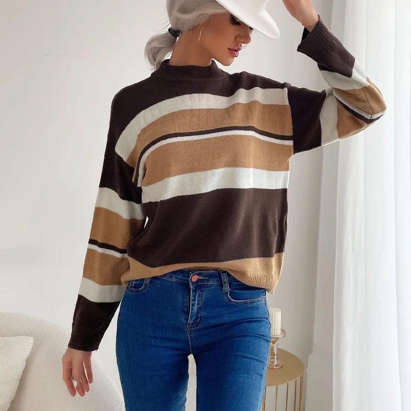 IKEARLAX New Popular trade popular autumn and winter 2025 women's clothing striped splicing contrasting color semi-turtleneck knitted pullover sweater Chenille Fabric Brocade Fabric Lace Fabric