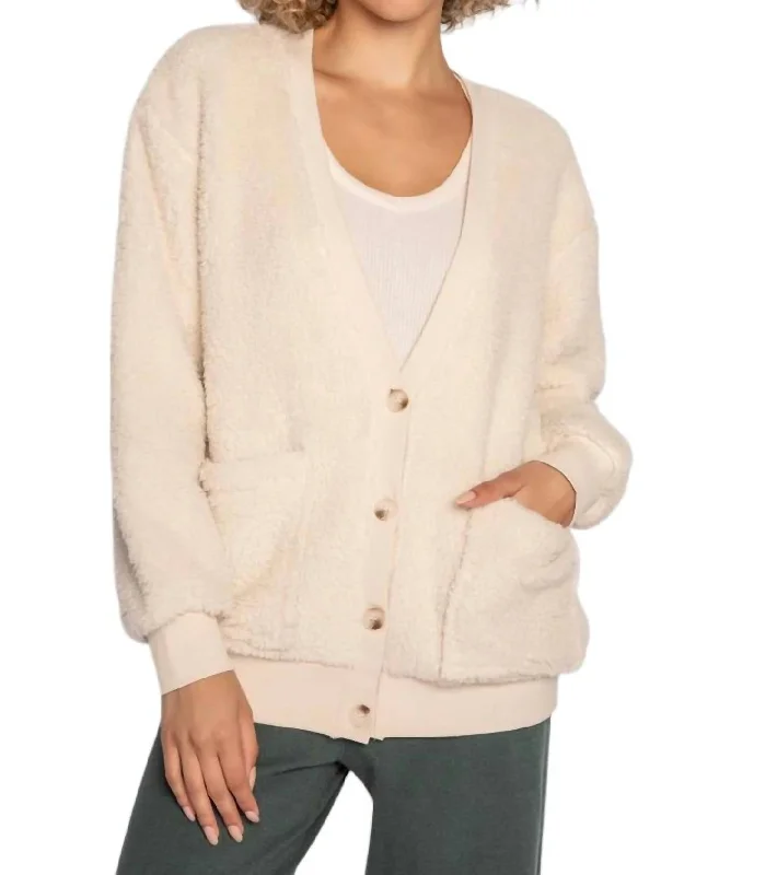 Shearling Cardigan In Oatmeal Chenille Fabric Brocade Fabric Lace Fabric