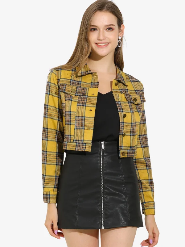 Plaid Cropped Long Sleeve Lapel Button Down Moto Jacket Bomber Jacket Anorak Windbreaker