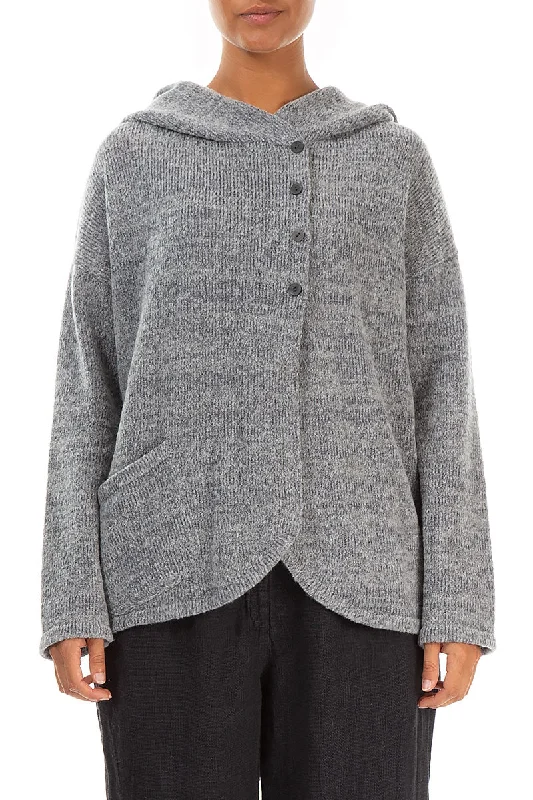 Hooded Mélange Grey Wool Cardigan Stretchy Elastic Breathable