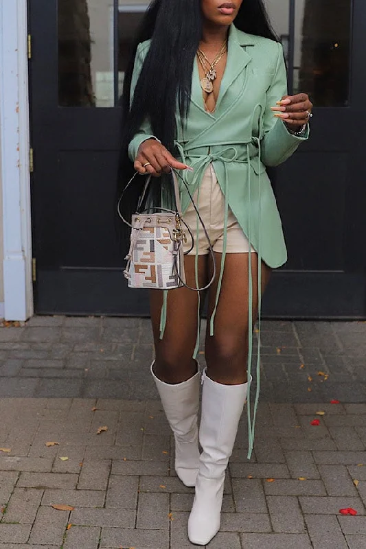 Solid Color Retro Lace-Up Irregular PU Blazer Women's Formal Blazer