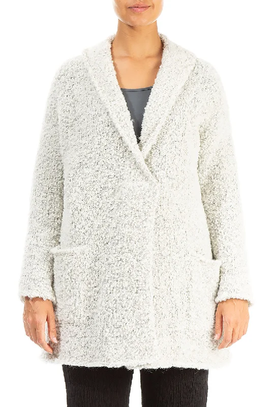 Side Pockets Mélange Ivory Alpaca Wool Cardigan Polka Dot Checkered Tartan