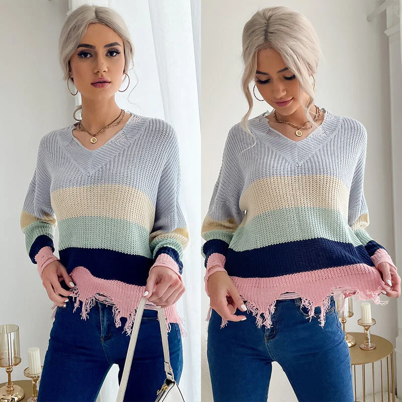 IKEARLAX New women's clothing popular spring and autumn new product long-sleeved contrasting striped v-neck knitted ripped sweater women Stretchy Elastic Breathable