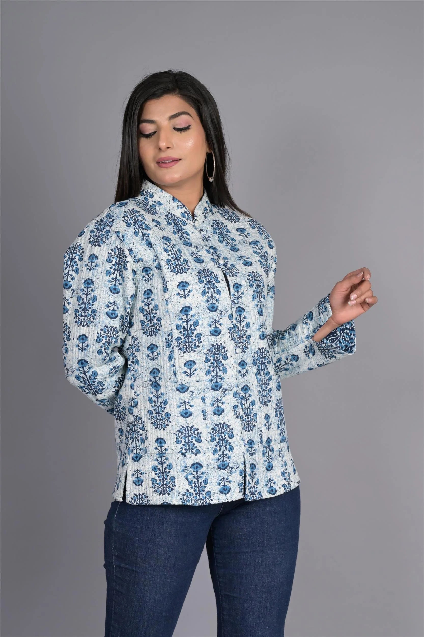 Winter Reversible Blue Butti Jaipuri Cotton Quilted Jackets For Women Denim Jacket Leather Jacket Suede Jacket