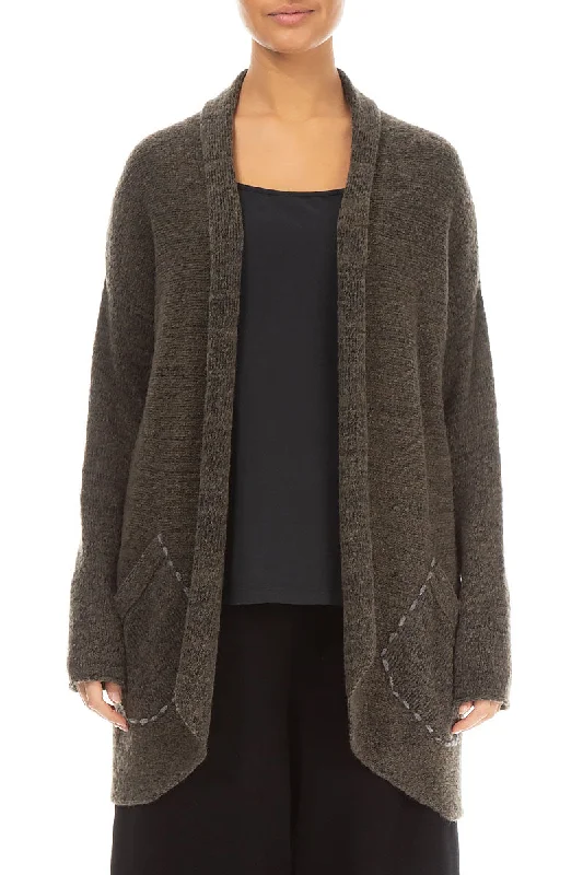 Decorated Pocket Open Khaki Wool Cardigan Wool Fabric Cashmere Fabric Tweed Fabric