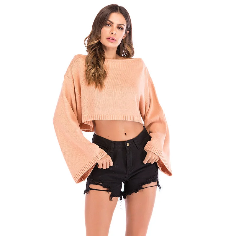 IKEARLAX popular  New 2025 autumn flared sleeve open navel knitted sweater one-word collar short sexy long-sleeved sweater Casual Formal Business