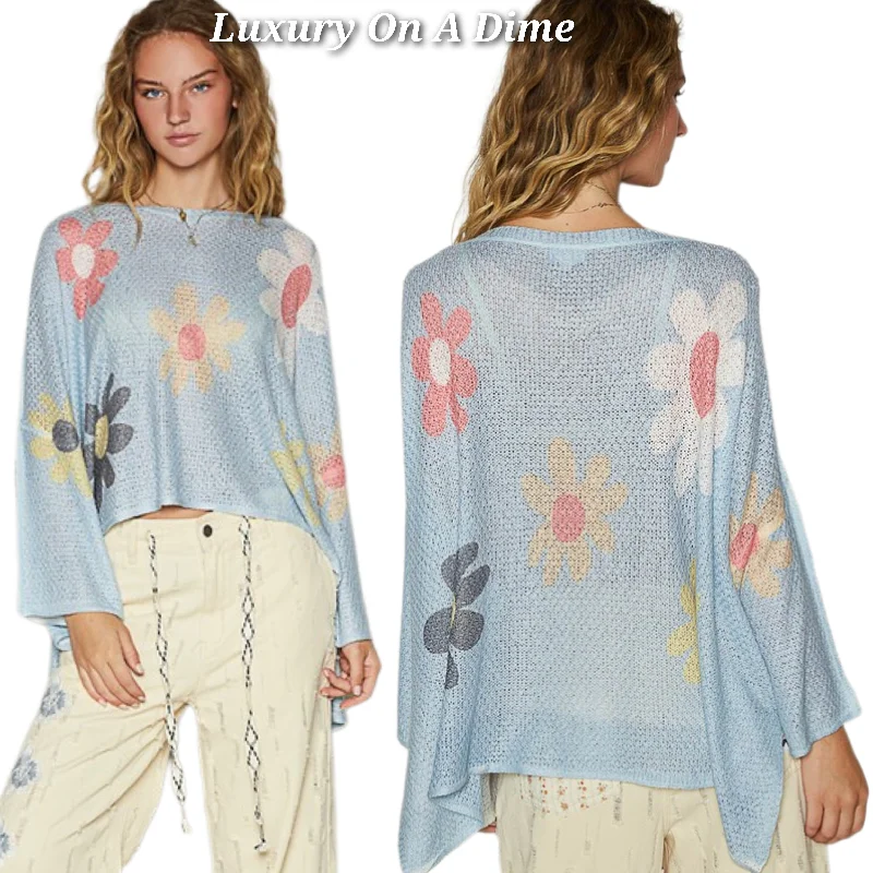 POL Daisy Colorful Retro Contrast Flower Top Oversized Shirt Pullover Knit Sweater Elasticated Padded Insulated POL Daisy Colorful Retro Contrast Flower Top Oversized Shirt Pullover Knit Sweater Elasticated Padded Insulated