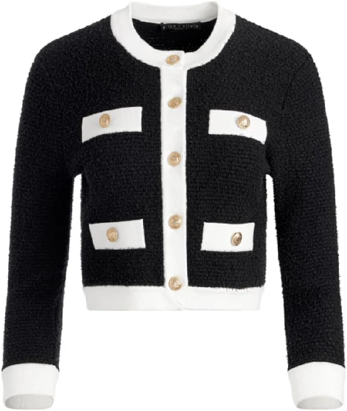alice + olivia Claira Cardigan, Black/Soft White Fleece Fabric Down Fabric Feather Fabric alice + olivia Claira Cardigan, Black/Soft White Fleece Fabric Down Fabric Feather Fabric