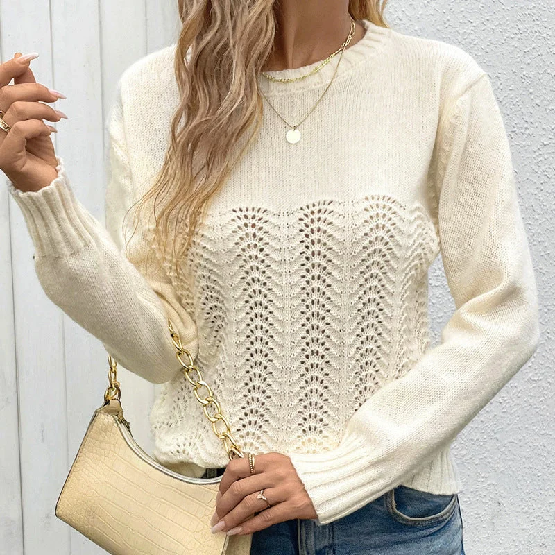 IKEARLAX autumn new solid color simple high-end casual knitted sweater round neck long sleeve hollow 2025 women's sweater Spandex Rayon Corduroy