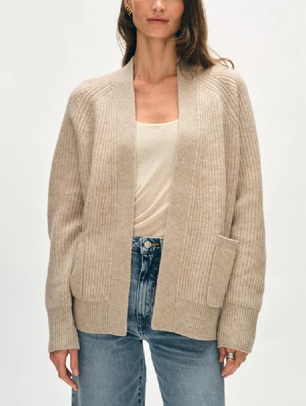 White + Warren - Cashmere Ribbed Open Cardigan in Sandwisp Heather Thin Thick Dense