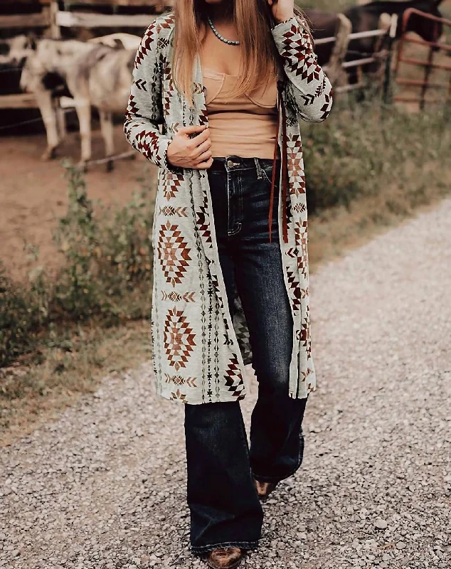 Aztec Long Cardigan In Brown Mesh Cardigan Canvas Denim