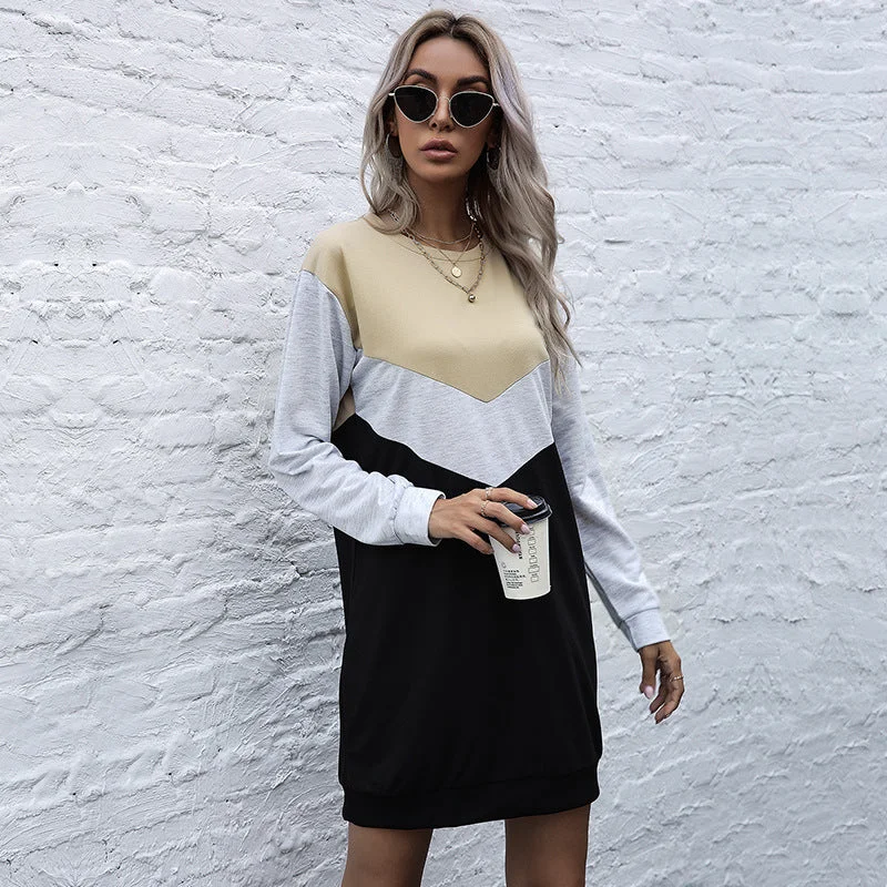 IKEARLAX New popular new 2025 contrasting colors loose crew neck sweater skirt autumn long-sleeved splicing dress women Zippered Front Buttoned Front Snap Front