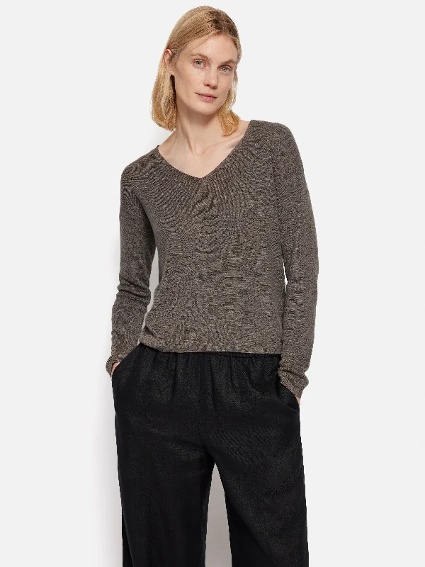 Linen Cotton V Neck Jumper | Brown Sequined Glittery Shiny