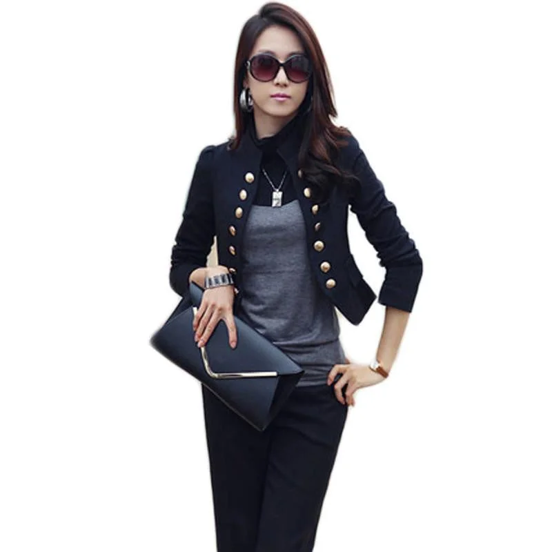 Women Double Breasted Jacket Long Sleeve Button Slim Fitted Cropped Top Casual Cardigan Coat Outerwear CL1076 Modern Contemporary chic