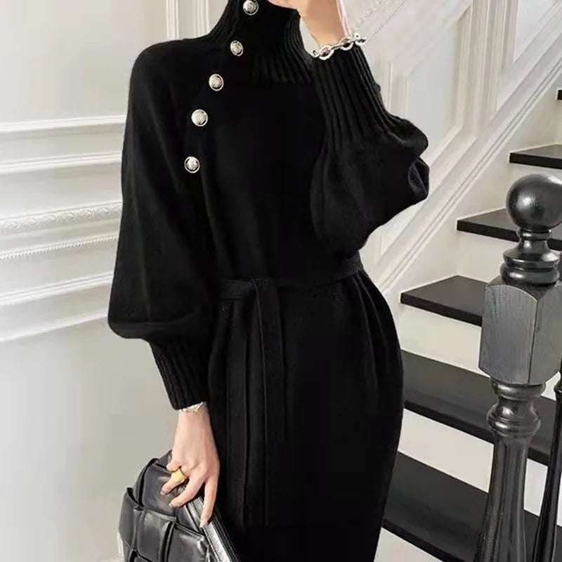 Wjczt Plus Size 5XL 150KG Women Autumn Winter Knitted Dress Turtleneck Sexy High Elastic Oversized Sweater Dress knit Warm Long Dress Solid Print Embellished