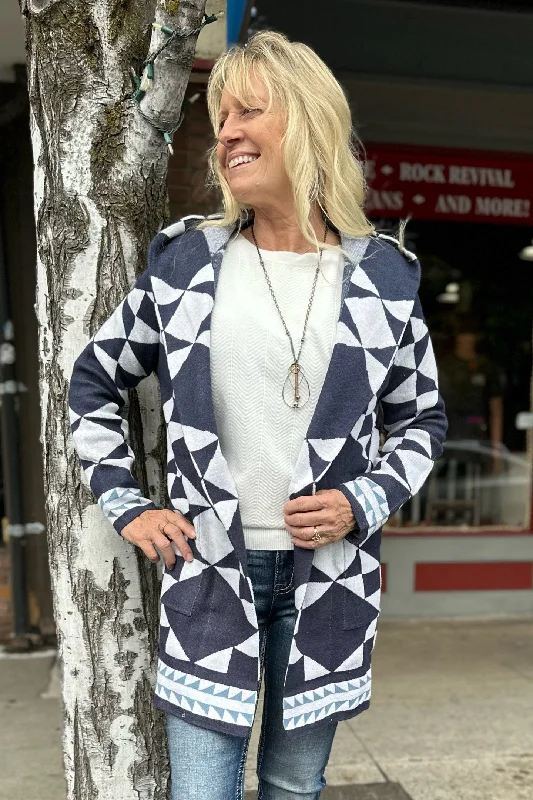 Navy and White Cozy Hooded Cardigan Zippered Buttoned Snapped