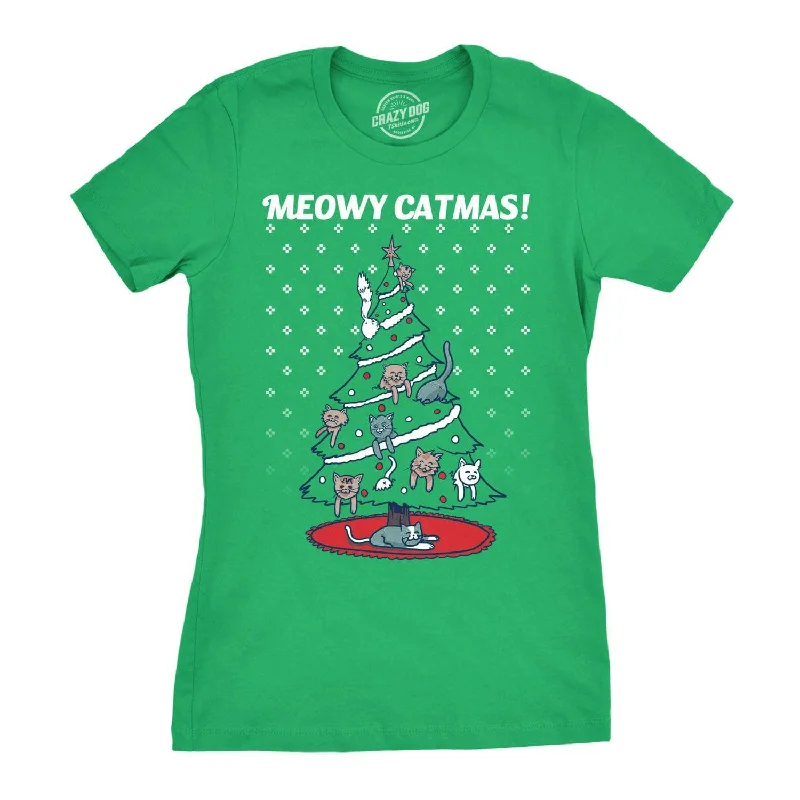 Meowy Christmas Cat Tree Ugly Christmas Sweater Women's T Shirt Anti-Pilling Anti-Shrink Durable