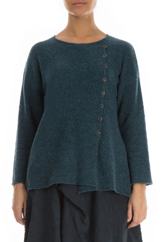 Asymmetrical Teal Wool Cardigan Sequined Glittery Shiny
