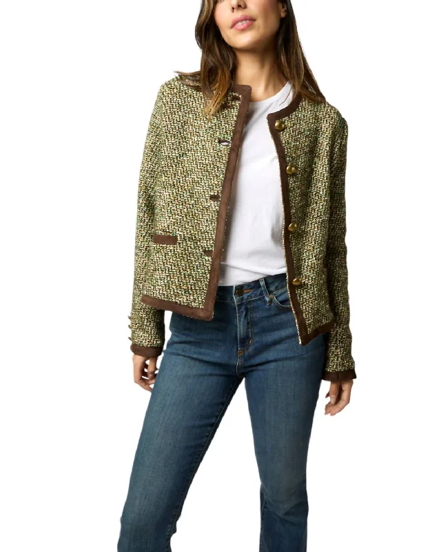 Megan Cardigan Jacket In Green/multi Tweed Plaid Cardigan Polka Dot Checkered