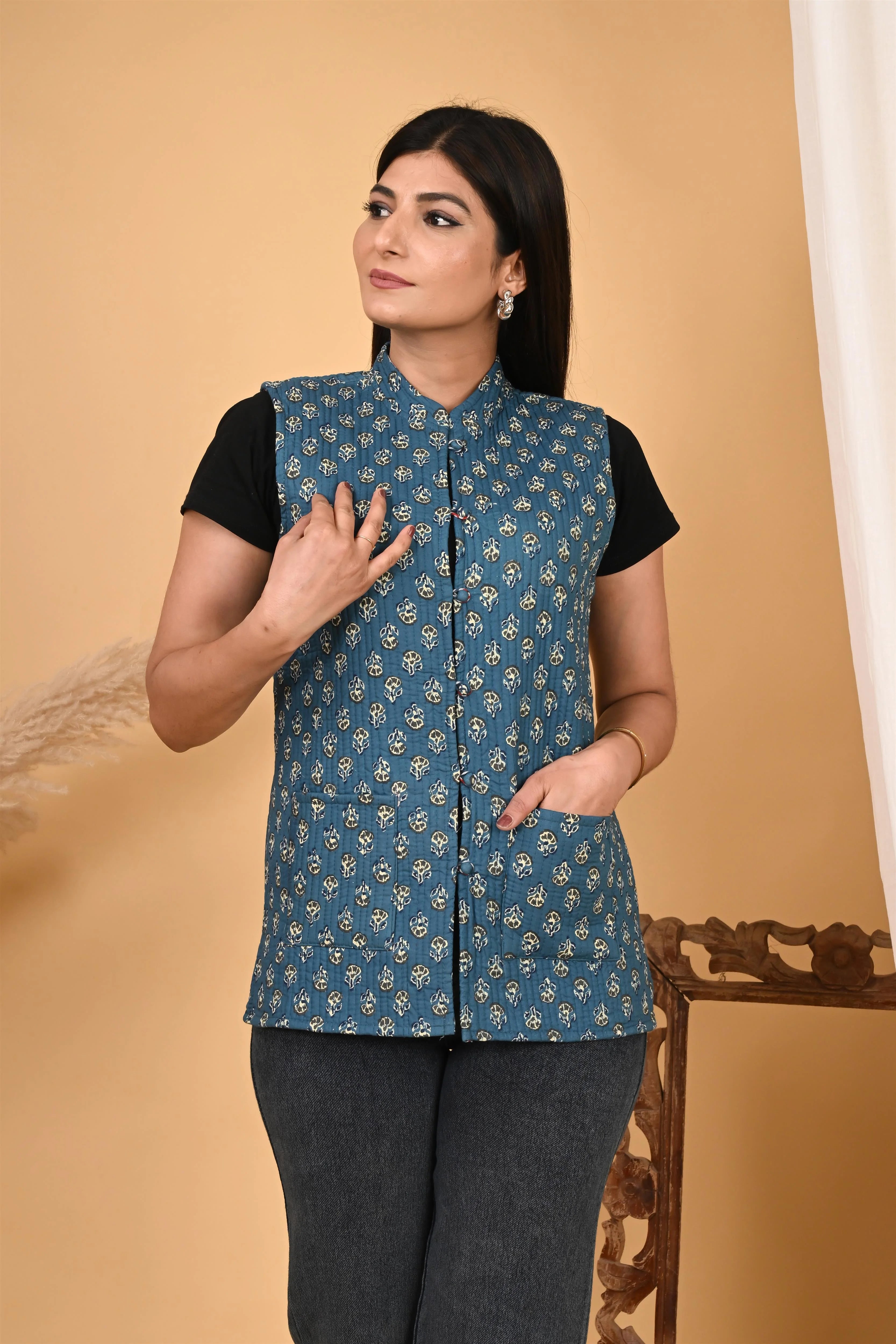 Winter Blue Sleeveless Reversible Jaipuri Cotton Quilted Jackets For Women Print Jacket Jacquard Jacket Patchwork Jacket