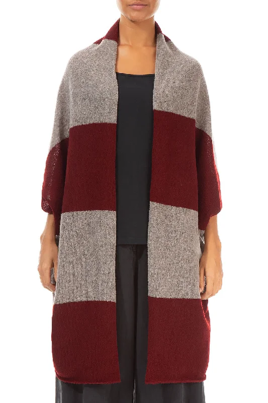 Open Reversible Maroon Beige Wool Wrap Cardigan Houndstooth Herringbone Solid