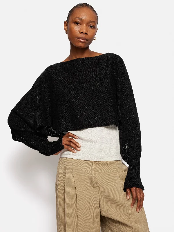 Pure Linen Poncho Sweater | Black Fleece Sweater Nylon Polyester