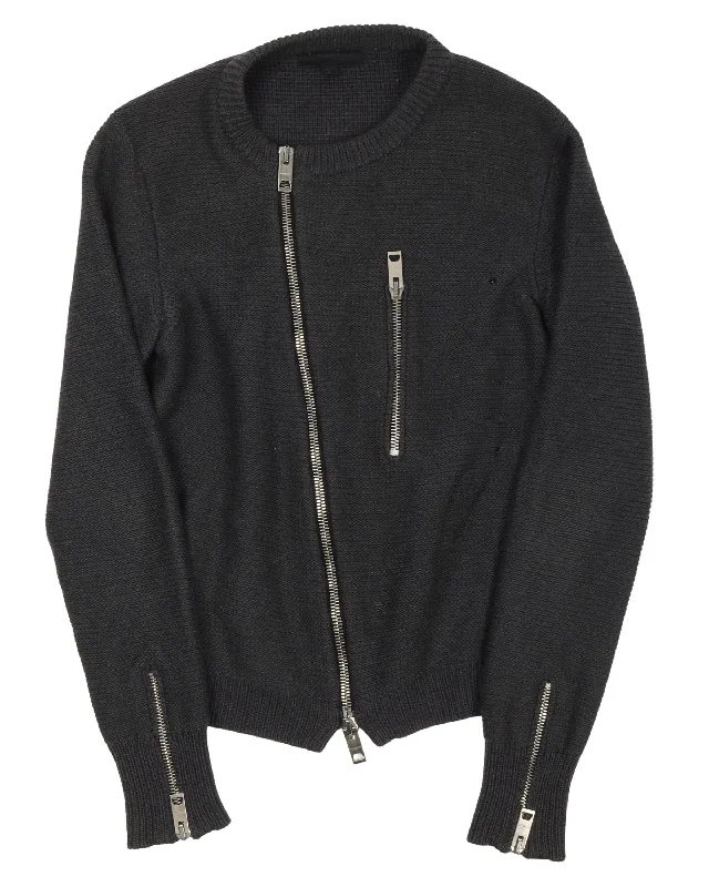 Zip Up Knit Sweater Denim Fabric Leather Fabric Suede Fabric