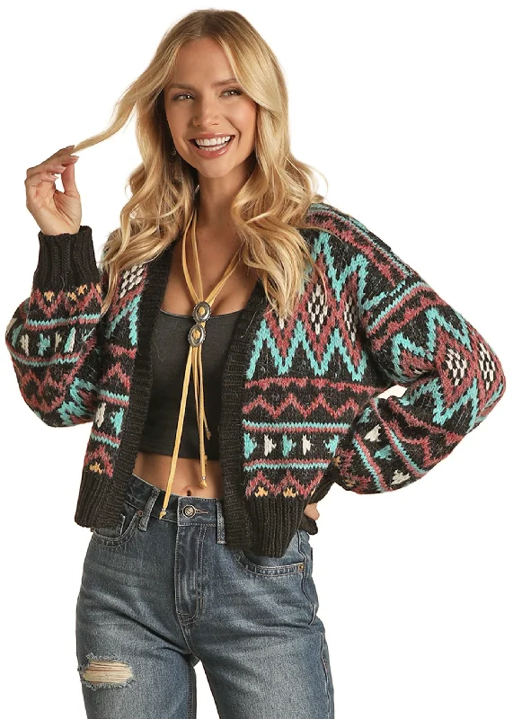 Rock & Roll Cowgirl Women's Cardigan With Aztec Design Bright Turquoise Rayon Fabric Velvet Fabric Corduroy Fabric Rock & Roll Cowgirl Women's Cardigan With Aztec Design Bright Turquoise Rayon Fabric Velvet Fabric Corduroy Fabric