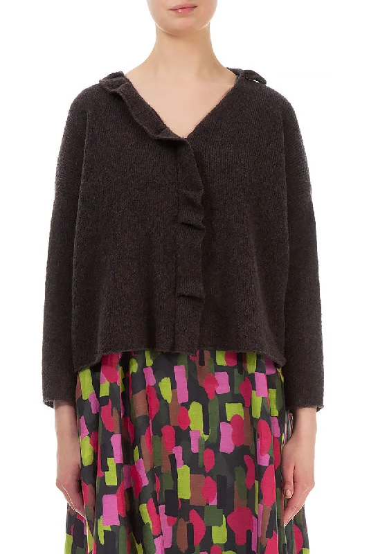Frilled Neck Chocolate Wool Cardigan Patchwork Embroidered Appliqued