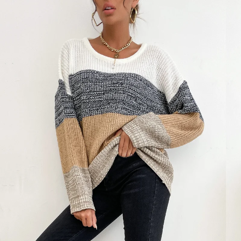 IKEARLAX New  Hot Trade popular Autumn and Winter New Crew Neck Long Sleeve Knitted Striped Contrast Sweater Pullover Oversized Loose Flowy