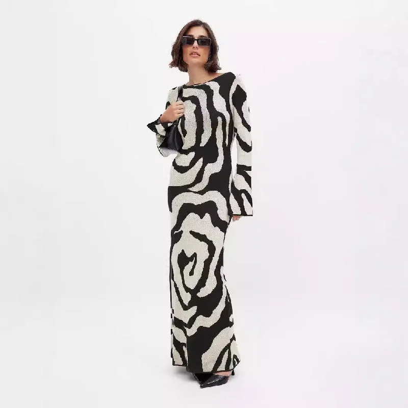 IKEARLAX Europe, America autumn and winter new cross-border women's clothing fashionable and elegant wind printing long-sleeved dress animal long sweater dress Nylon Fabric Polyester Fabric Spandex Fabric