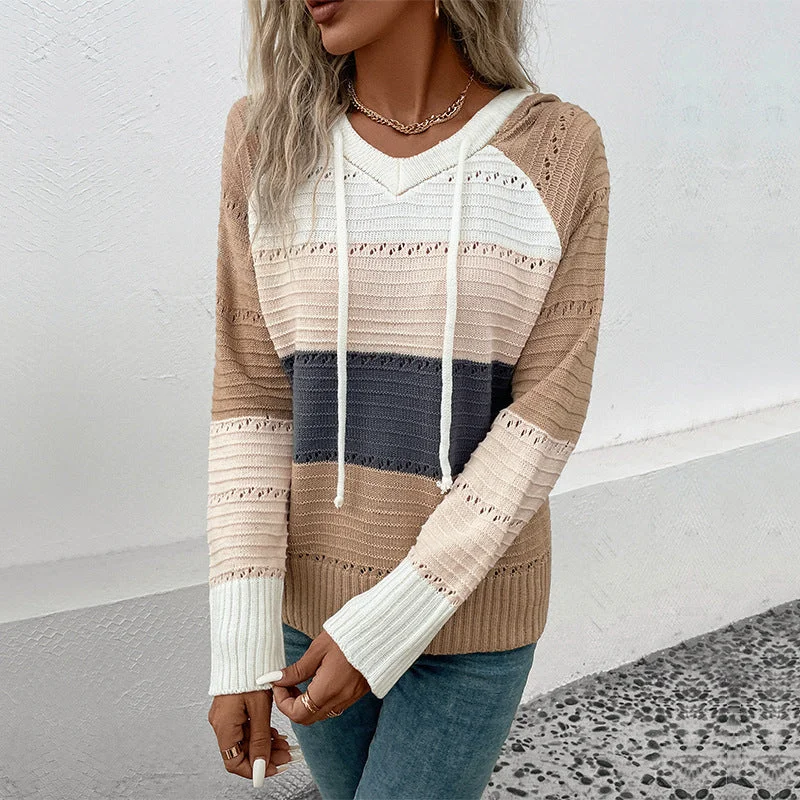 IKEARLAX New Hot Trade New Autumn and Winter New 2025 Women's Clothing Cross-border Hooded Color Contrast Pullover Sweater Women Chenille Brocade Lace