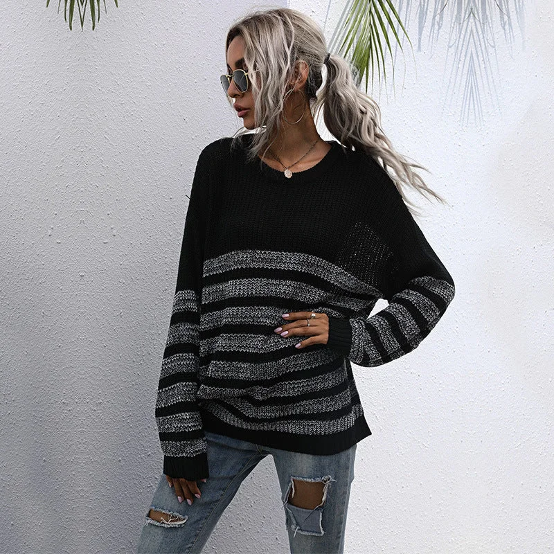 IKEARLAX New Popular, 2025 and popular autumn loose striped round neck medium and long sweater knitted sweater women's Popular trade wholesale High Neck Crew Neck V-Neck