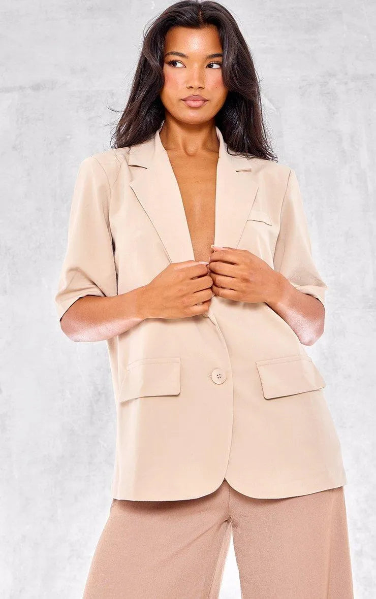 Beige Short Sleeve Oversized Blazer Women's Boutique Jacket