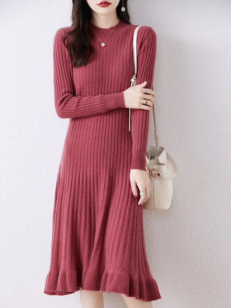 Wjczt Autumn New 100% Wool Knit Dress Women's O-Neck Long Over The Knee Sweater Fashion Slim Fish Tail Skirts Knitted Pullover Skirt Mesh Blend Leather Blend Suede Blend