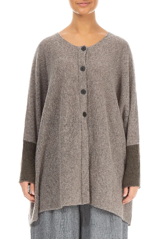 Loose Boxy Beige Khaki Wool Cardigan Herringbone Houndstooth Plaid